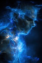 Poster - Abstract digital art depicting a human profile surrounded by vibrant blue and orange swirling energy patterns and flowing smoke effects