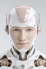 Fototapete - Futuristic humanoid robot with human-like face and blue eyes wea high-tech white and silver helmet with metallic details
