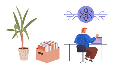 Poster - Man seated at desk working on laptop, books in a box, potted plant nearby, atom icon above. Ideal for education, learning, productivity, research technology innovation growth. Simple flat metaphor