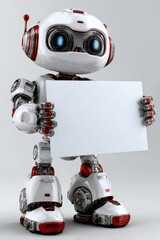 Poster - Futuristic white and red humanoid robot holding blank sign with advanced sensors and articulated limbs, standing on a white surface in a high-tech environment