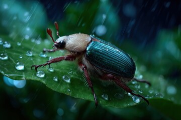 Poster - Close-up of a shiny blue-green beetle crawling on a wet green leaf du rain with water droplets and blurred natural background