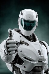 Poster - Futuristic humanoid robot with sleek white armor high-tech digital face display giving thumbs up in a dark modern setting