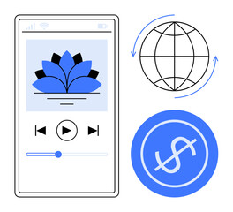 Poster - Smartphone interface with lotus design, media controls, rotating globe, and dollar sign. Ideal for streaming, finance, technology, e-commerce globalization mobile apps education. Simple flat