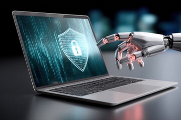 Poster - High-tech robotic hand interacting with digital security shield displayed on laptop screen, representing cybersecurity and advanced technology concepts