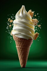 Aufkleber - Delicious creamy vanilla soft serve ice cream cone with crunchy cookie pieces on a vibrant green background perfect for desserts and treat advertisements