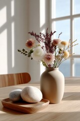 Poster - Elegant flower arrangement in a modern beige ceramic vase with pink and white blossoms and dried foliage on a wooden table near sunlight