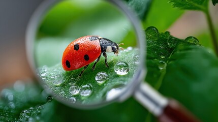 Poster - Close-up of a vibrant red ladybug with black spots on green leaf surface viewed through a magnifying glass showing water droplets and lush foliage in natural outdoor setting