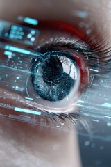 Poster - Close-up of a human eye with digital interface overlay showing futuristic technology and holographic data visualization