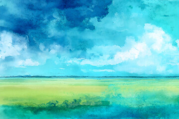  Abstract Watercolor Sunrise Over Blue Sky And Grassland Hills
