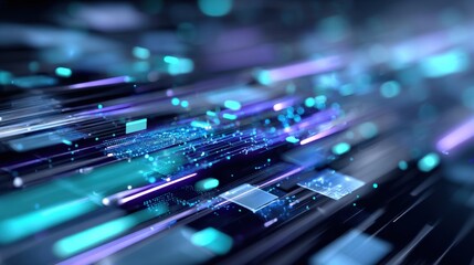 Poster - Abstract digital background with glowing blue and purple light streaks and particles representing technology data flow and connectivity
