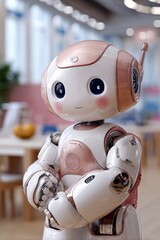 Poster - Advanced humanoid robot with a cute cartoon-like face and expressive large eyes, designed for interaction and assistance in indoor environments