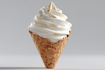 Aufkleber - Delicious creamy vanilla soft serve ice cream swirled in a crisp waffle cone on a plain light grey surface with neutral background