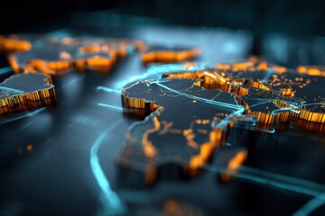 Leinwandbilder - Highly detailed projection of a digital world map with illuminated continents and glowing connecting lines showcasing global network connectivity