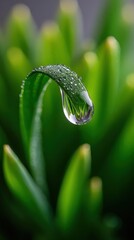 Poster - Close-up of a dewdrop on a vibrant green leaf with soft blurred background showing fresh plant life and natural moisture details