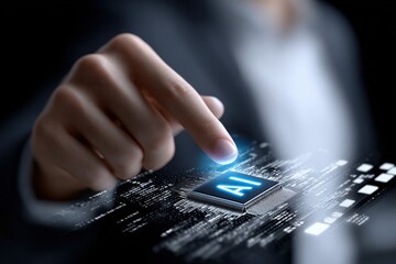 Leinwandbilder - Close-up of a person interacting with a futuristic digital interface on a smartphone device with glowing AI icons and data visualization elements