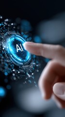 Poster - Modern artificial ligence technology concept with a futuristic glowing blue AI button being pressed by a finger in a digital dark background