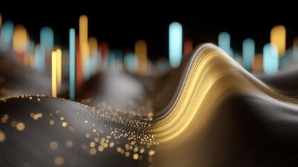 Poster - Abstract Golden Black Wave with Dynamic Light Streaks and Sparkling Particle Effects in a Futuristic Digital Design Illustration