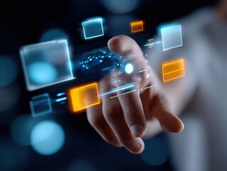 Leinwandbilder - Futuristic digital interface with holographic transparent screens and colorful data visualizations in a modern technological environment