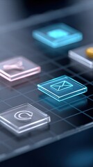 Poster - Futuristic digital interface with glowing email and messaging icons on transparent touchscreen display with technological design elements
