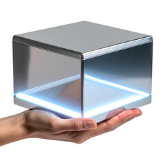 Hand holding illuminated transparent cube display case