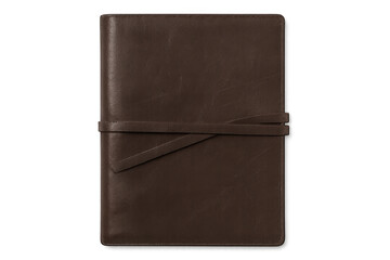 Poster - Closed brown leather notebook with leather strap, isolated on transparent background, ideal for writing and taking notes
