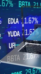 Poster - Animation of financial data processing over credit card inserted into laptop