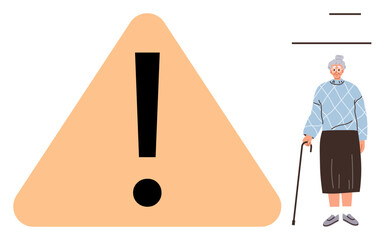 Poster - Yellow caution triangle with exclamation mark beside senior woman using walking cane. Ideal for senior care, fall prevention, safety awareness, healthcare, aging support, caution, simple flat
