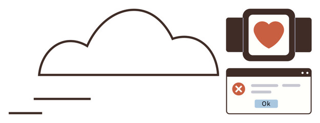 Poster - Cloud paired with smartwatch heart monitor and error dialog box. Ideal for technology, health tracking, cloud storage, digital health, errors, communication, data security. Simple flat metaphor