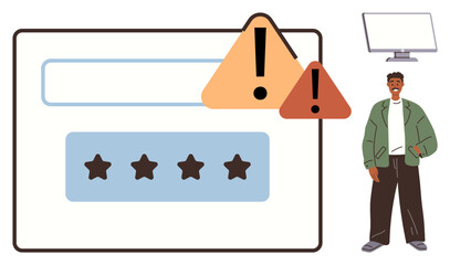 Poster - Login screen with warning signs, password stars, and a standing user. Ideal for cybersecurity, password management, user experience, data privacy, error prevention, digital safety simple flat