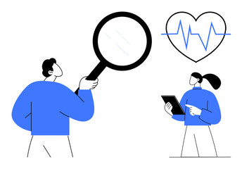 Poster - Two people collaborate in reviewing heart health data using a magnifying glass and a tablet, with a heart and ECG line. Ideal for medical analysis, teamwork, diagnostics, health monitoring
