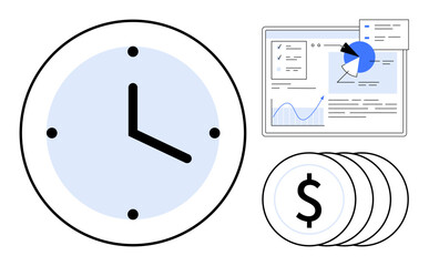 Poster - Clock and stacked dollar coins accompany data charts with graphs and analytics on digital interfaces. Ideal for finance, productivity, time investment, business strategy, budgeting, analysis, simple