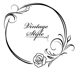 Poster - A black and white vintage style circle with a rose and a leaf