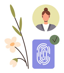Poster - Portrait of a professional woman, fingerprint scanner with checkmark, and blooming flowers. Ideal for technology, security, identity, nature, innovation authentication biometrics. A clean simple