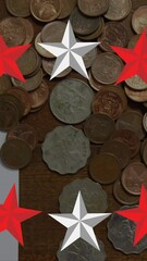 Poster - Animation of stars over coins on wooden background