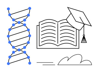 Poster - DNA helix emphasizing genetics, open book for knowledge, graduation cap symbolizing education. Ideal for research, learning, success, innovation, biology, academics simple flat metaphor