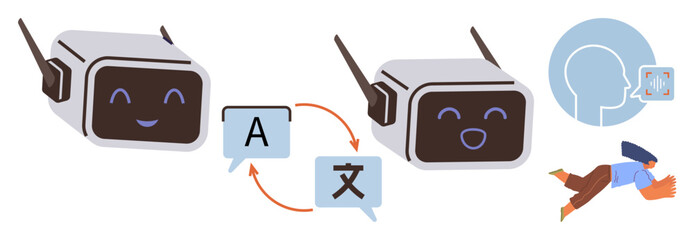 Poster - Two smiling robots engage in language translation, with speech bubbles and arrows connecting text characters. Ideal for AI, global communication, technology, language learning, translation, voice