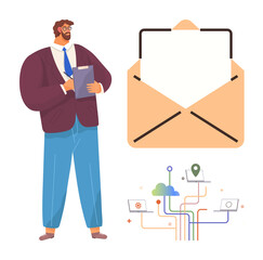 Poster - Businessman holding a clipboard, large open envelope symbolizing messaging, digital cloud and network icons. Ideal for communication, email marketing, networking, collaboration, planning