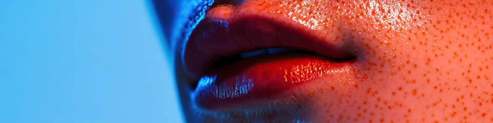 Poster - Close-up of Freckled Face with Red Lipstick and Glossy Finish