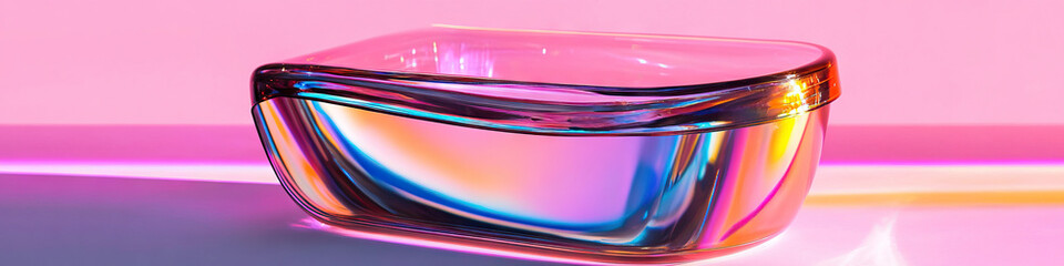 Poster - Iridescent Glass Container with Liquid on Colored Background