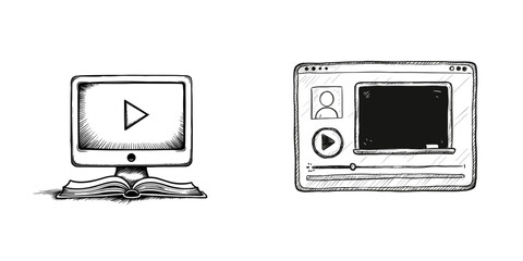 Live Online Class Icon. Hand-drawn computer screen with video interface. Virtual classroom, e-learning, distance education, for educational apps and websites
