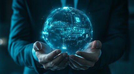 Poster - A person holds a glowing digital globe with circuit-like patterns, symbolizing advanced technology and global connectivity.