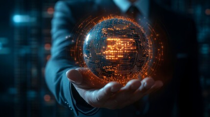 Poster - A person in a suit holding a glowing digital globe symbolizing technology, innovation, and global connectivity.