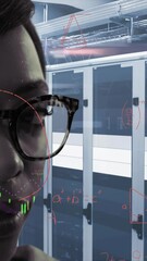Poster - Mathematical equations over portrait of woman in computer server.