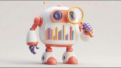 Poster - Robot holding a magnifying glass to analyze business cycle data for improved ai operational strategies. AI Business Analysis Robot – Animated Video Version