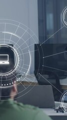 Poster - Animation of network of connections with icons over caucasian businesswoman in office