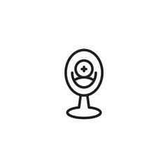 Poster - A minimalist line icon of a desk mirror or vanity mirror with a round reflection showing a user profile symbol with a plus sign, signifying adding a user or person.