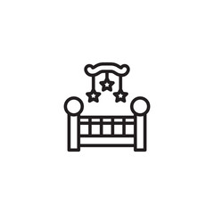 Poster - A line art icon of a baby crib with a mobile hanging above it, featuring three stars, symbolizing a nursery or childcare.