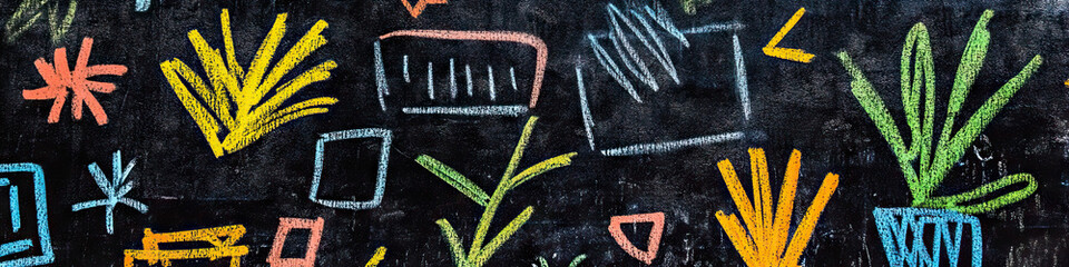 Poster - Chalk Drawings of Abstract Shapes and Plants on Dark Surface