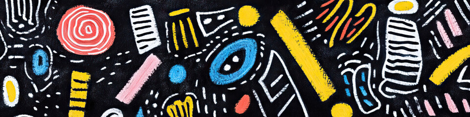 Poster - Abstract Composition with Multicolored Shapes and Lines on Black Background