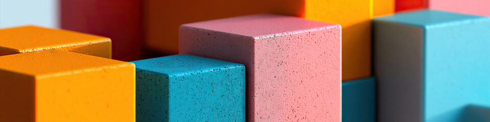 Poster - Arrangement of Textured Cubic Blocks in Orange, Pink, and Teal